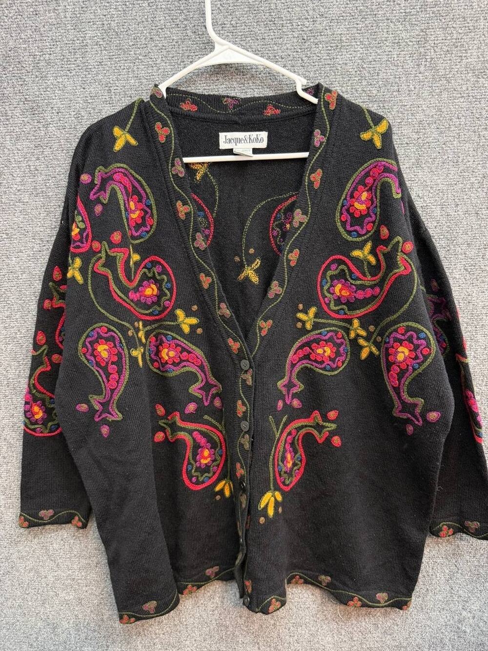Jacque & Koko Embroidered Paisley Cardigan Sweater Women's 18/20 Black Wool Blen